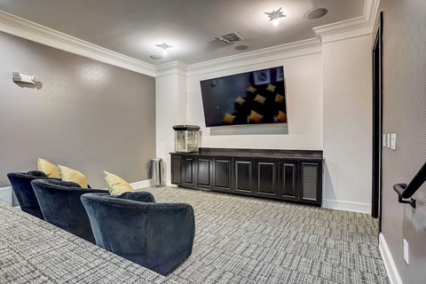 A living room with a grey carpet and a black cabinet.