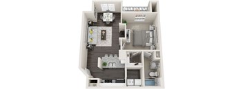 A top-down view of a small apartment with a kitchen, living room, and bedroom.