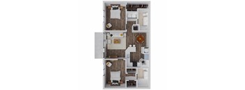 A top-down view of a small apartment with a bedroom, living room, and kitchen.
