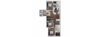 A floor plan of a house with two bedrooms, a living room, a kitchen, and a bathroom.