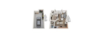 Two floor plans of a house with a car parked in the garage.