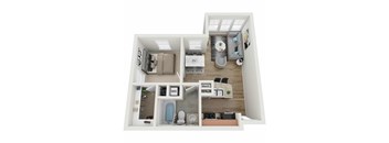 A floor plan of a small apartment with a kitchen, living room, and bathroom.