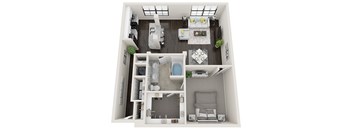 A 3D floor plan of a small apartment with a bedroom, living room, and bathroom.