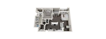 A 3D floor plan of a house with multiple rooms and furniture.