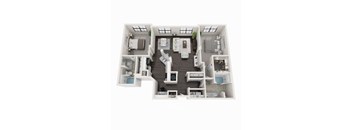 A 3D floor plan of a house with a kitchen, living room, and two bedrooms.