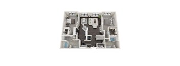 A top-down view of a small apartment with a kitchen, living room, and two bedrooms.