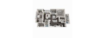 A 3D floor plan of a house showing a kitchen, living room, dining room, and two bedrooms.
