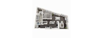 A 3D floor plan of a house with a kitchen, living room, and two bedrooms.