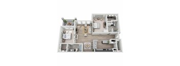A detailed 3D floor plan of a modern apartment.
