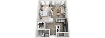 A top-down view of a small apartment with a bedroom, living room, kitchen, and bathroom.