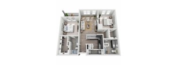 A top-down view of a well-organized apartment with a kitchen, living room, and bedrooms.