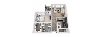 A top-down view of a small apartment with a bedroom, living room, and kitchen.