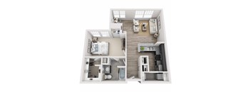 A top-down view of a two-bedroom apartment with a living room, kitchen, and bathroom.