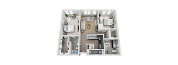 A top-down view of a well-organized apartment with two bedrooms, a living room, and a kitchen.