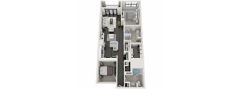 A floor plan of a small apartment with a kitchen, living room, and bathroom.