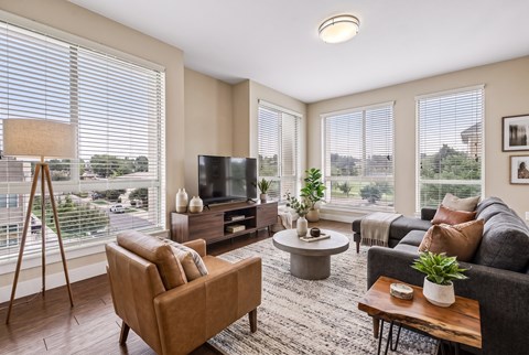 A living room with a brown sofa, a wooden coffee table, and a television.