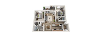A 3D floor plan of a house with multiple rooms and furniture.