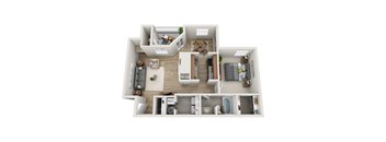 A 3D floor plan of a house with labeled rooms.