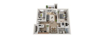 A 3D floor plan of a small apartment with a living room, kitchen, and bedroom.