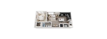 A top-down view of a small apartment with a kitchen, living room, and bathroom.