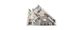 A 3D floor plan of a house with a kitchen, living room, and bathroom.