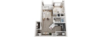 A top-down view of a small, neatly organized apartment with a kitchen, living room, and bathroom.