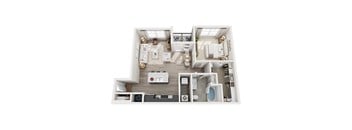 A top-down view of a modern, open-plan apartment with a kitchen, living room, and bedrooms.