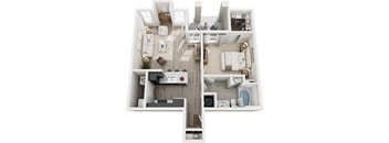 A top-down view of a modern apartment layout with a central hallway.