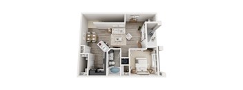 A 3D rendered image of a small apartment layout.
