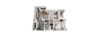 A 3D floor plan of a small apartment with a kitchen, living room, and bathroom.