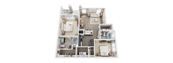 A top-down view of a modern, well-organized apartment with a kitchen, living room, and bedrooms.