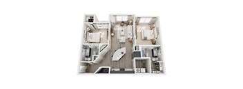 A top-down view of a modern apartment layout with a central living area, two bedrooms, a kitchen, and a bathroom.