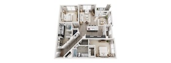 A top-down view of a modern, open-plan apartment layout.