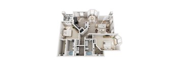 A 3D floor plan of a house with multiple rooms and bathrooms.