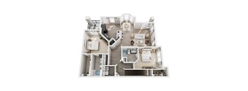 A top down view of a house interior with a kitchen, living room, and bathroom.