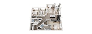 A top-down view of a modern, minimalist apartment layout.