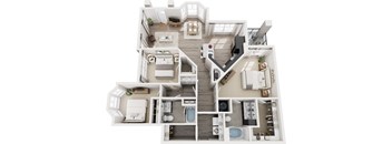 A top-down view of a multi-level home interior with various rooms and furniture.