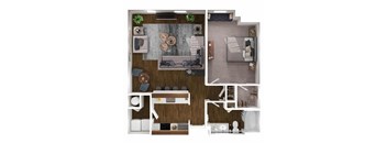 A top-down view of a living room with a couch, coffee table, and television.