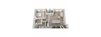 A top-down view of a small apartment with a bedroom, living room, and kitchen.