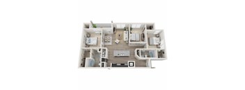 A 3D floor plan of a house with a living room, kitchen, and two bedrooms.