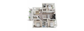 A top-down view of a modern apartment layout with a living room, kitchen, dining area, and bedrooms.