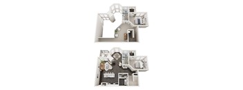 A top and bottom floor plan of a house with a kitchen, living room, bedrooms and bathrooms.