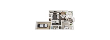 A top-down view of a modern apartment layout with a car parked outside.