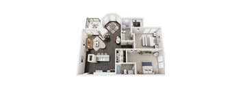 A 3D floor plan of a house with various rooms and furniture.