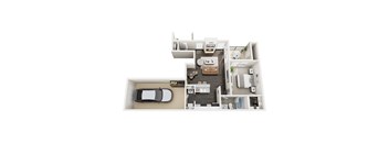 A top-down view of a modern apartment layout with a car parked outside.