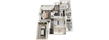 A top-down view of a house with a car in the garage.