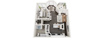 A top-down view of a modern apartment layout with a kitchen, living room, and bathroom.