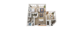 A top-down view of a small apartment with a kitchen, living room, and bathroom.