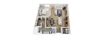 A top-down view of a small apartment with a bedroom, living room, kitchen, and bathroom.
