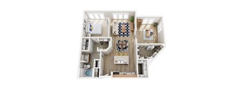 A top-down view of a modern apartment with a kitchen, living room, and bathroom.